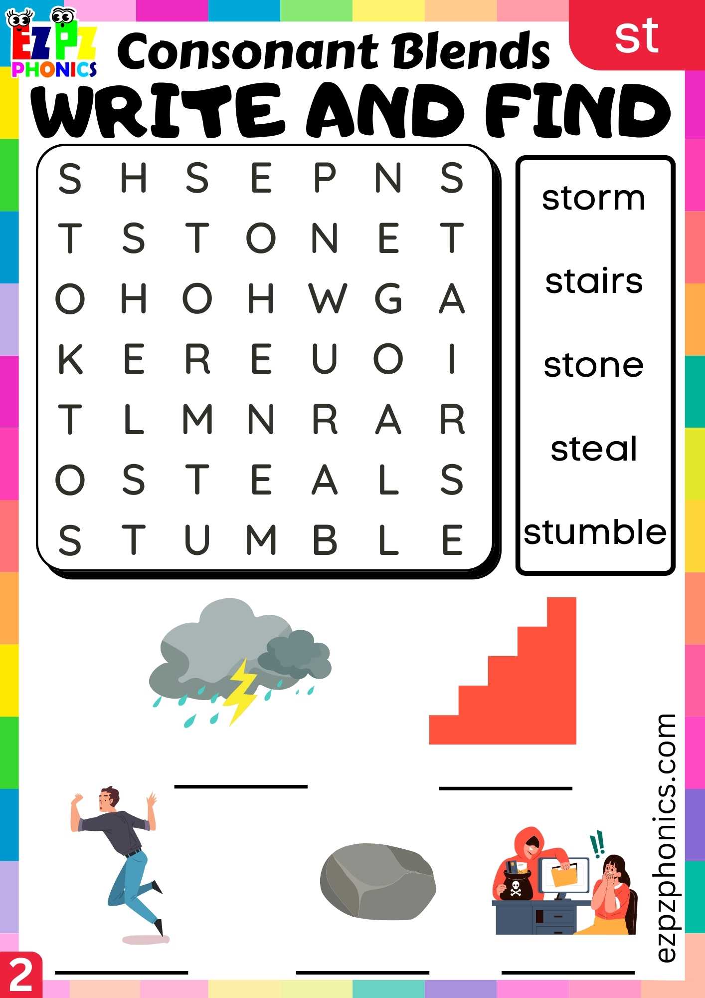 Group2 ST Words Write And Find Phonics Consonant Blends Worksheet